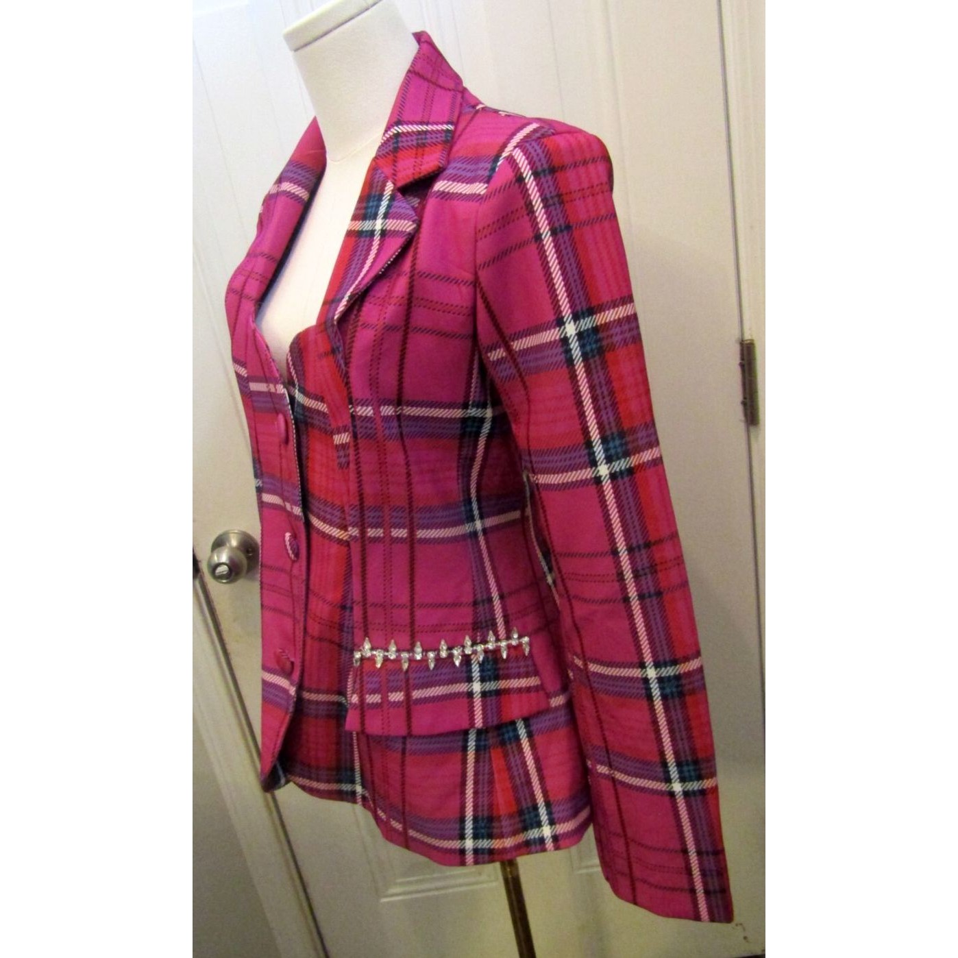 Luxedress Opal Blazer Pink Plaid Lined Rhinestones Pockets Retail $167 Size M — image 5 of 8